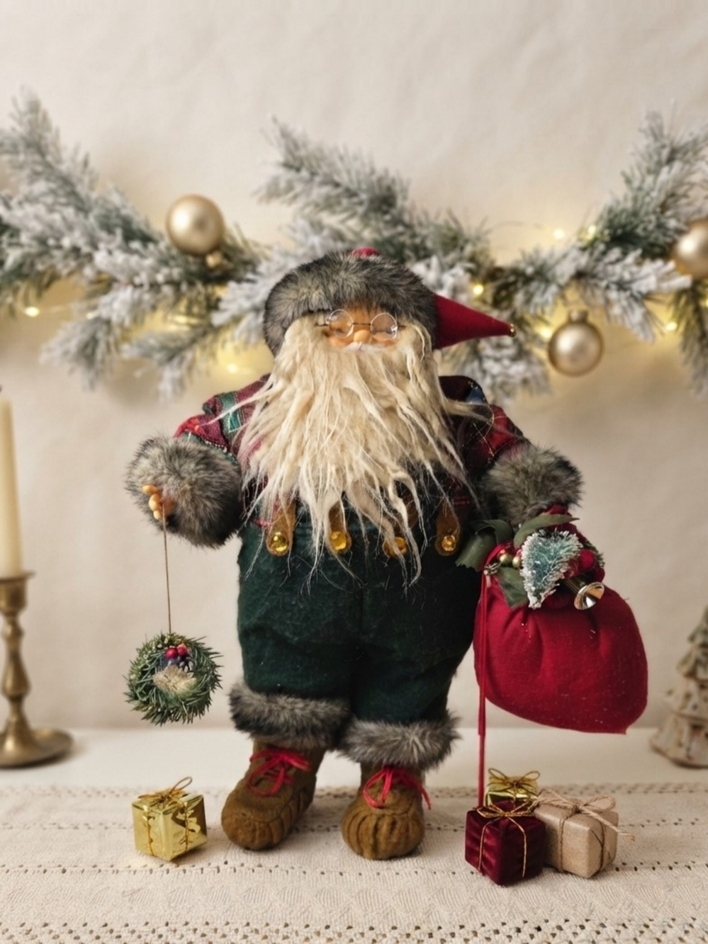 Vintage Red & Green Santa with Faux Fur Trim